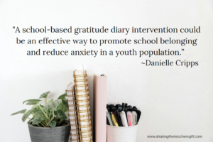 The Benefits of Keeping a Gratitude Journal: "A school-based gratitude diary intervention could be an effective way to promote school belonging and reduce anxiety in a youth population." quote by Danielle Cripps on a white background above a plant, books and cup of pens