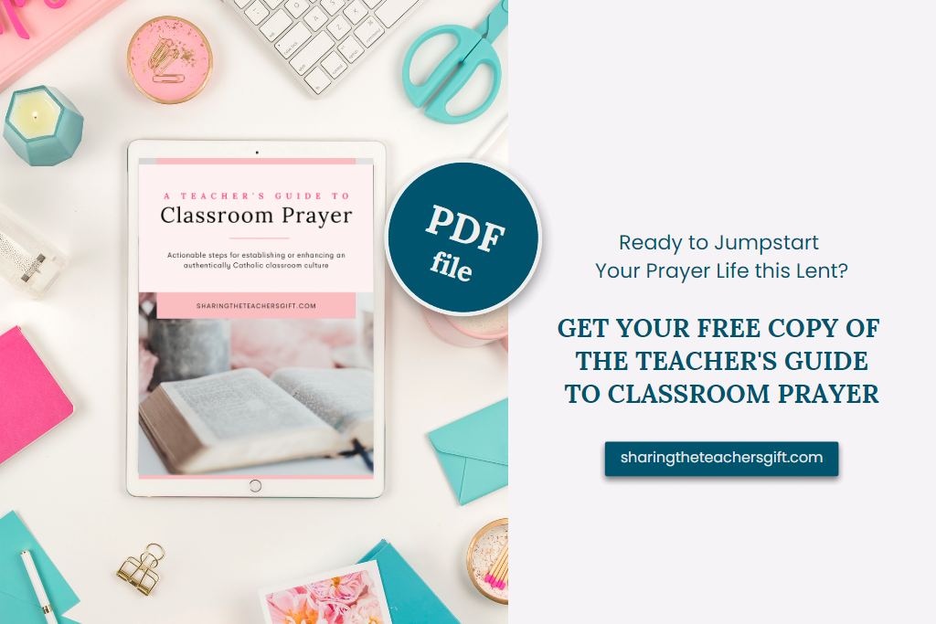 Free PDF of the Teacher's Guide to Classsroom Prayer featured on an iPad on a flatlay of a white desk with pink and teal office supplies