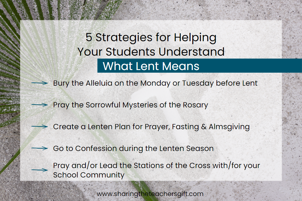 5 Strategies for Helping Your Students Understand What Lent Means:  Burying Alleluia, Praying the Sorrowful Mysteries of the Rosary, Creating a Lenten Plan, Going to Confession, and Praying or Leading Stations of the Cross overlayed on a white ash outline of a cross and a palm.