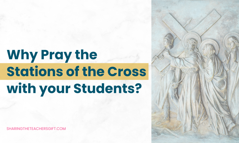 Image of Jesus Carrying his cross, overlayed with a white marble background and the title Why Pray the Stations of the Cross with your Students?